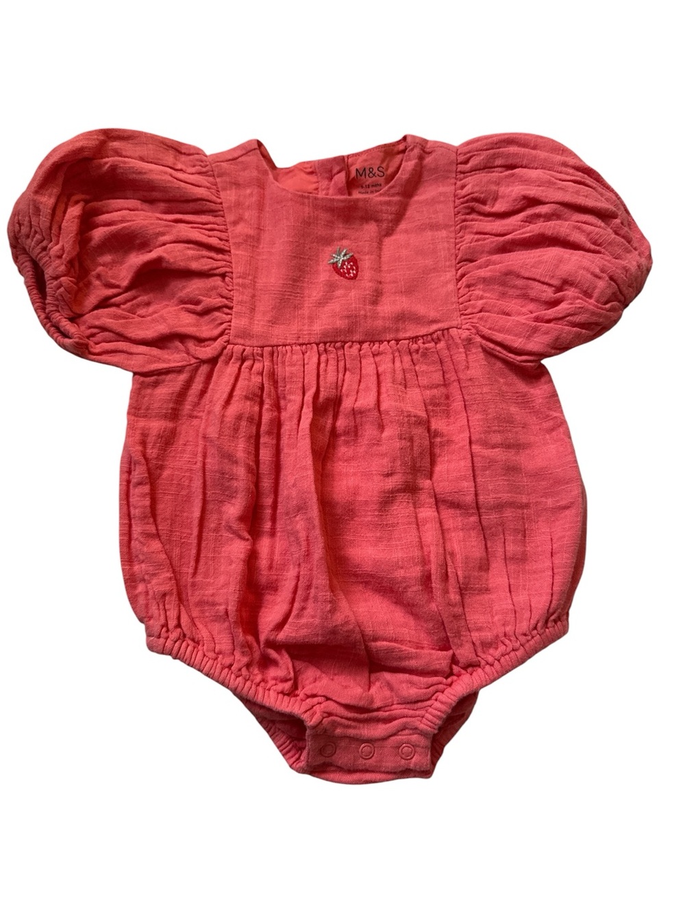 NWOT M&S Strawberry-Embroidered Coral Baby Romper - 9-12 months